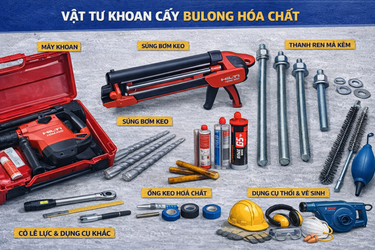 Vật tư khoan cấy cần có trong quy trình thi công bulong hóa chất chuẩn kỹ thuật