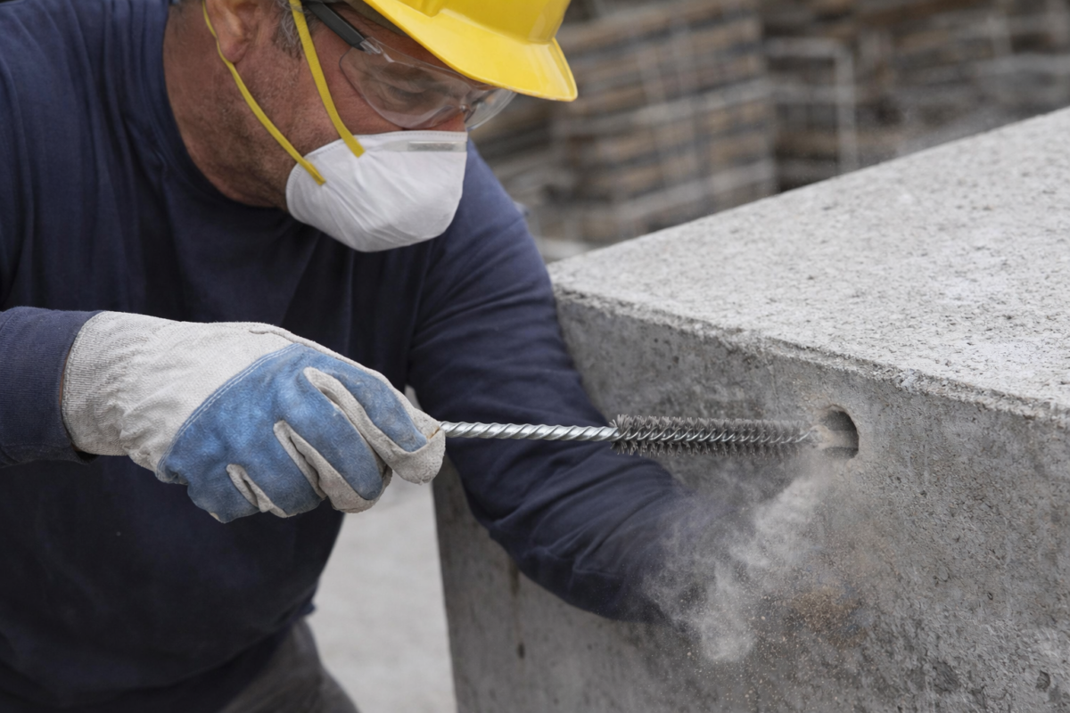 Vệ sinh lỗ khoan bằng chổi - Sai lầm khi thi công bulong hóa chất