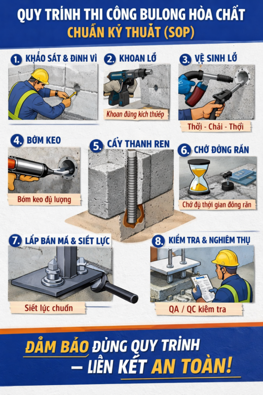 Quy trình thi công bulong hóa chất - định mức tiêu hao keo cấy bulong