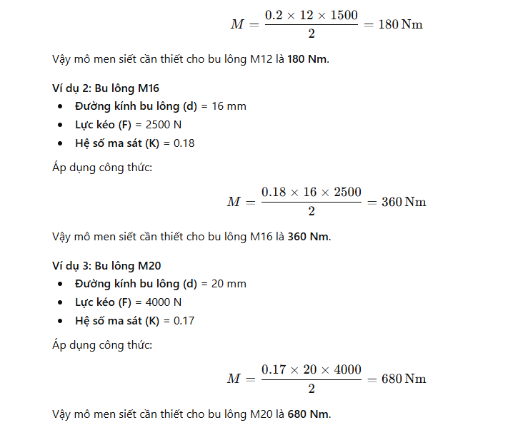 Ví dụ tính mô men siết cho bu lông M12, M16, M20 và M24