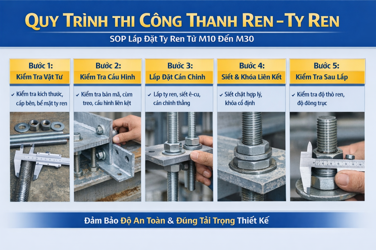 Quy trình lắp đặt ty ren - Bảng tải tham khảo cho ty ren M10 đến M30