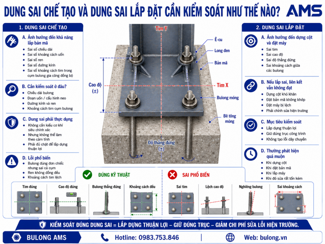 Dung sai chế tạo và dung sai lắp đặt là những thông số kỹ thuật quan trọng nhất của bulong móng cần kiểm soát như thế nào?