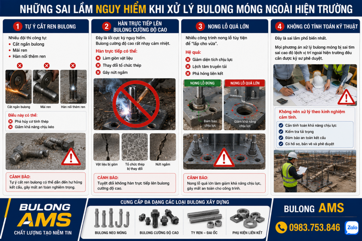 Những sai lầm nguy hiểm khi xử lý bulong móng ngoài hiện trường - Các phương án Xử lý bulong móng bị sai tim sai cao độ lệch vị trí ngoài hiện trường
