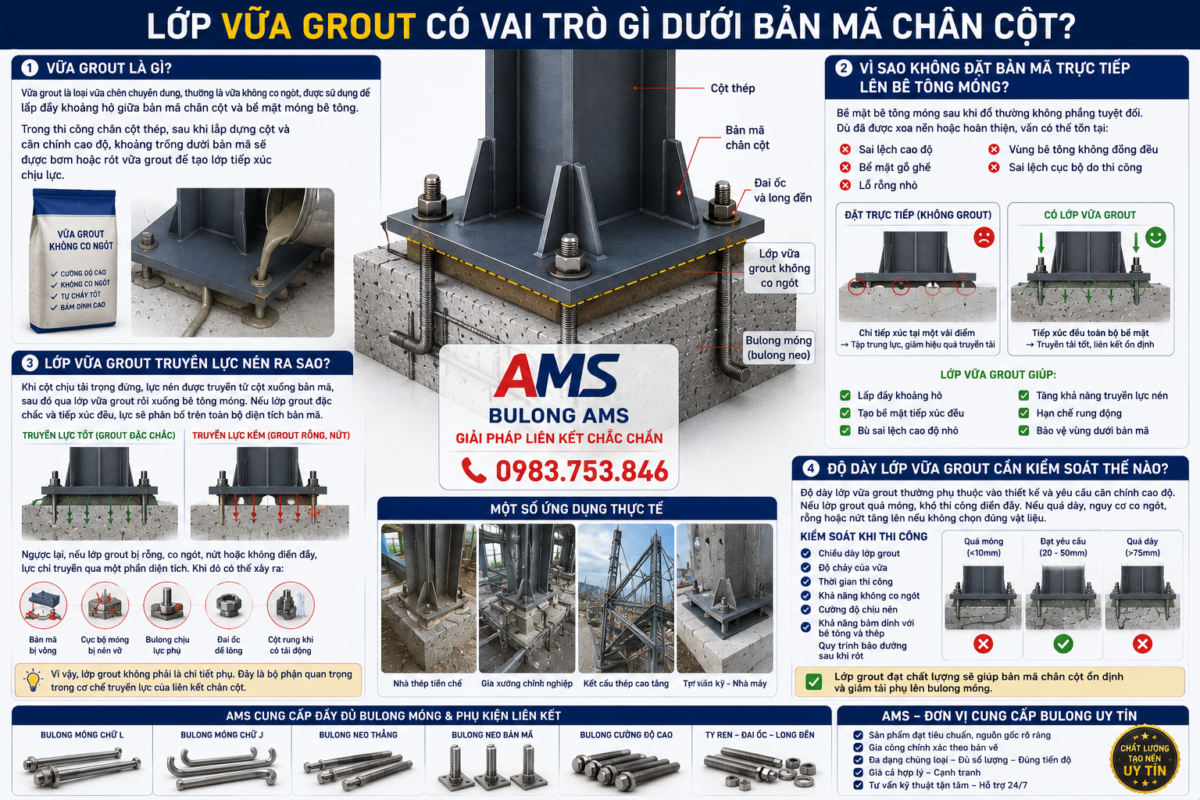 Lớp vữa grout có vai trò gì dưới bản mã chân cột? Mối quan hệ giữa bulong móng bản mã chân cột và lớp vữa grout trong kết cấu thép