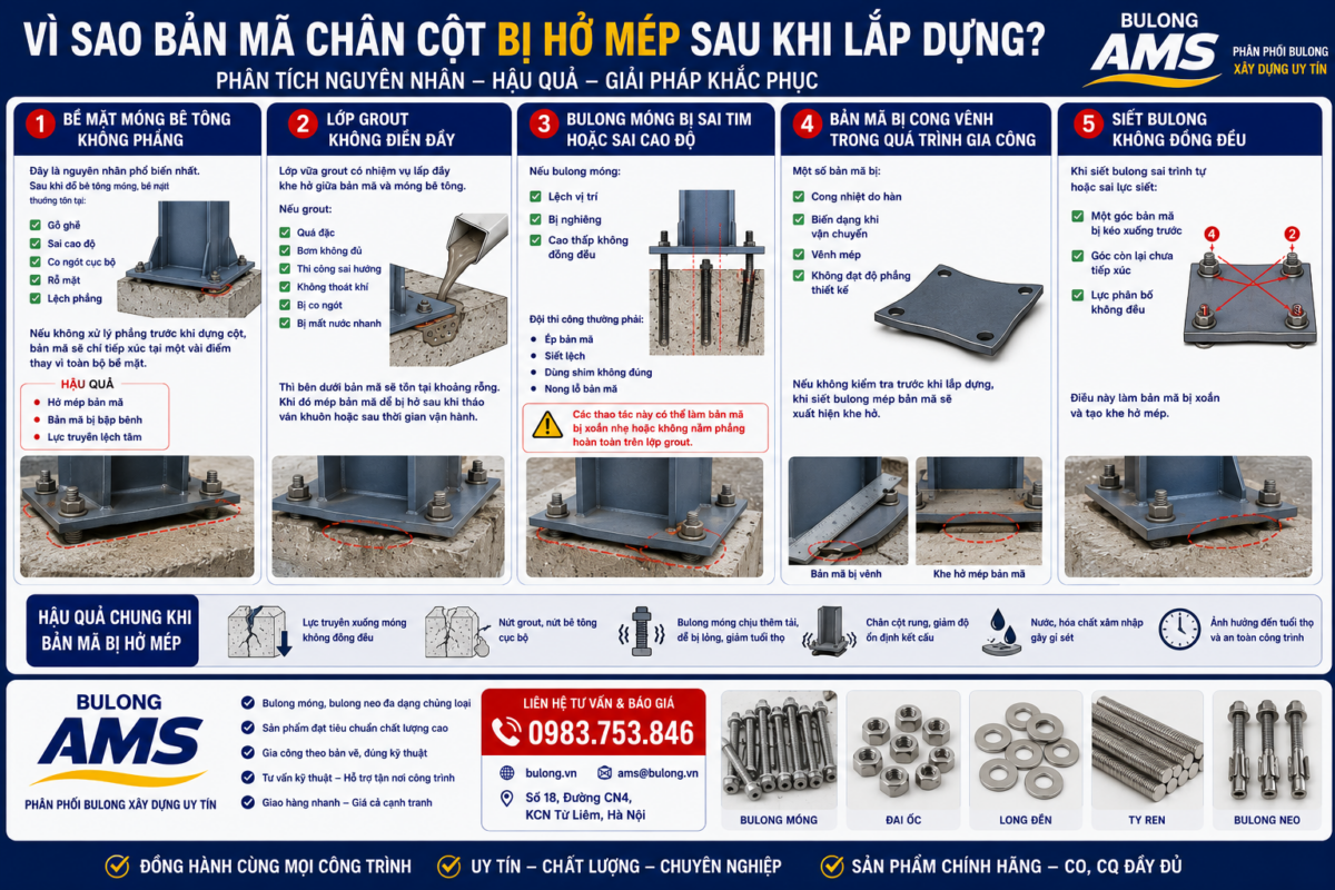 Vì sao bản mã chân cột bị hở mép sau khi lắp dựng?